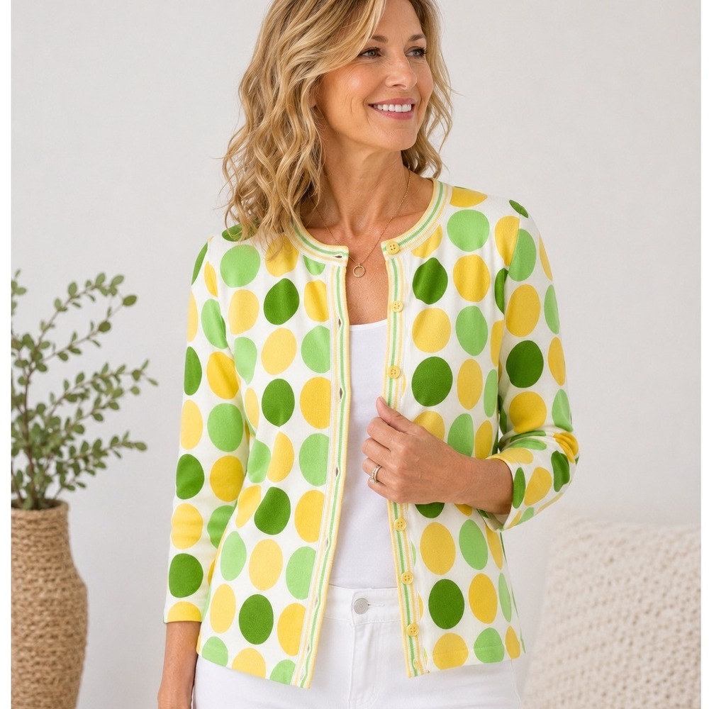 Breckenridge Petite Polka Dot Cardigan Green Yellow 100% Cotton Button Front PM
